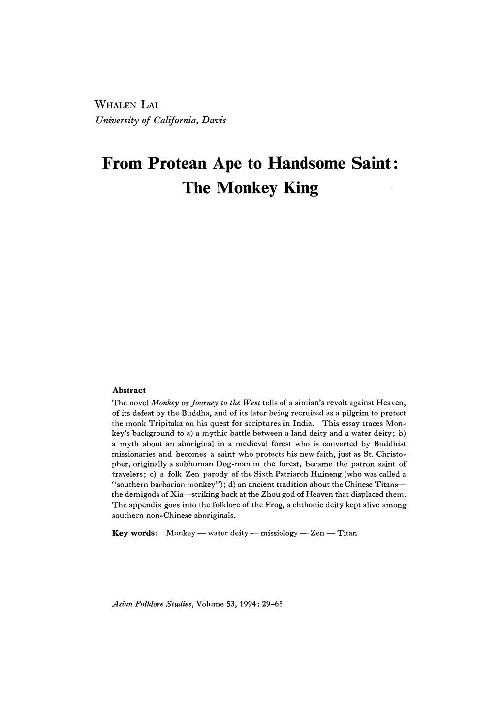 From Protean Ape to Handsome Saint: the Monkey King