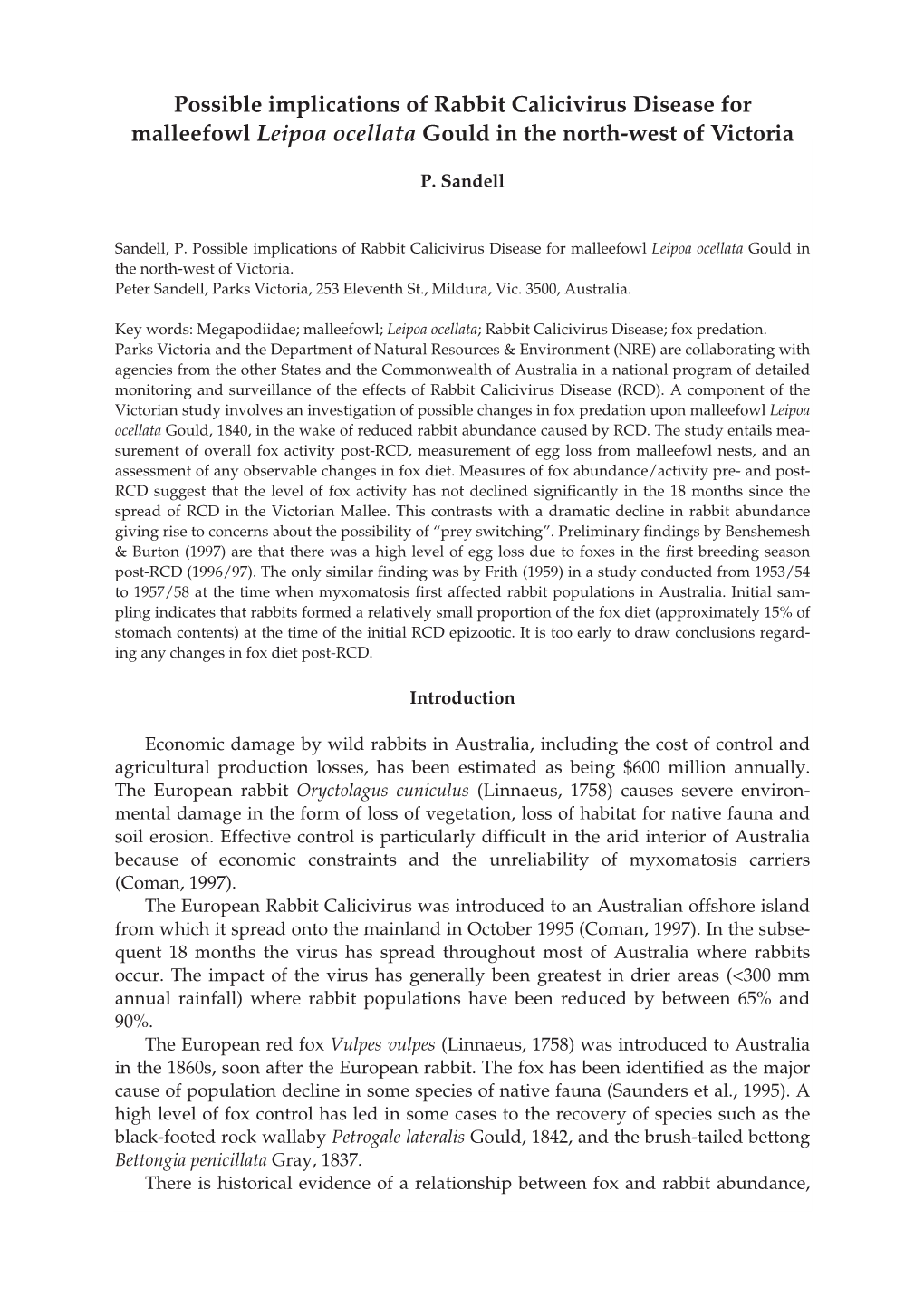 Possible Implications of Rabbit Calicivirus Disease for Malleefowl Leipoa Ocellata Gould in the North-West of Victoria