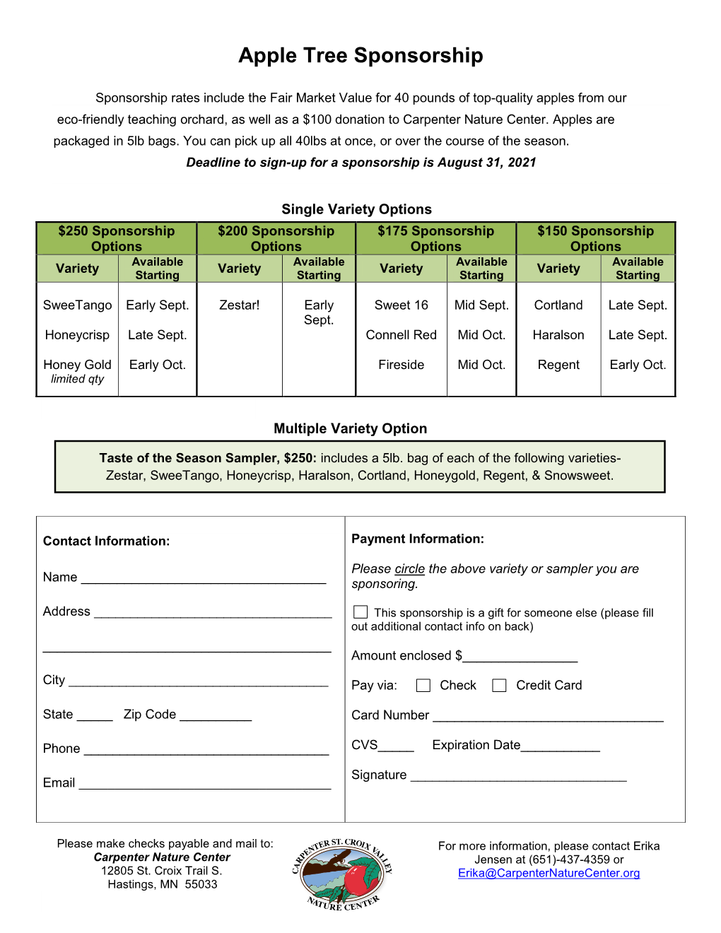 Apple Tree Sponsorship Form for 2021