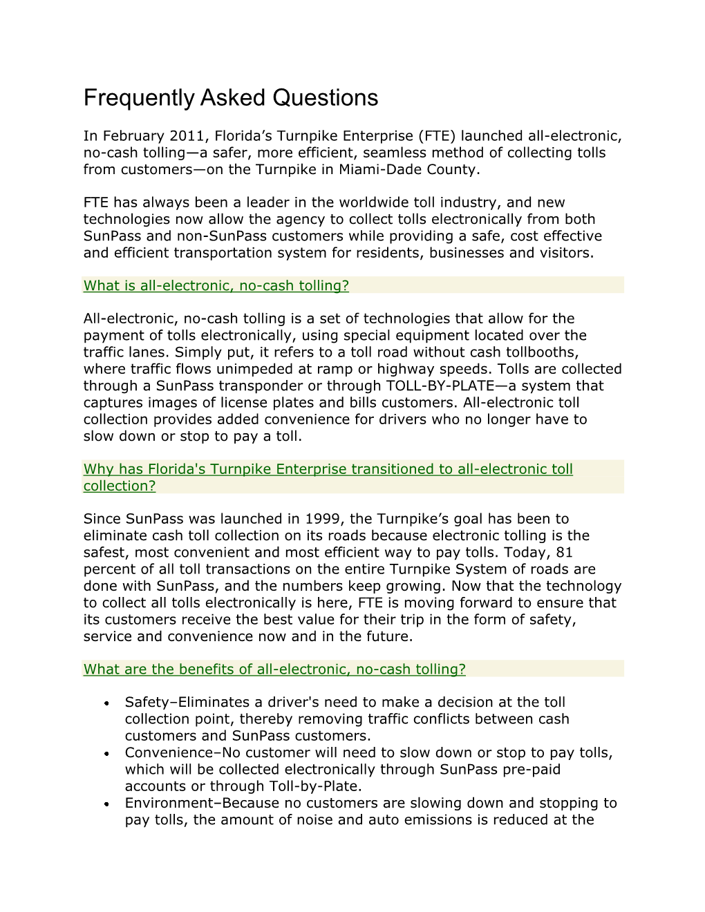 FTE All Electronic Tolling Frequently Asked Questions