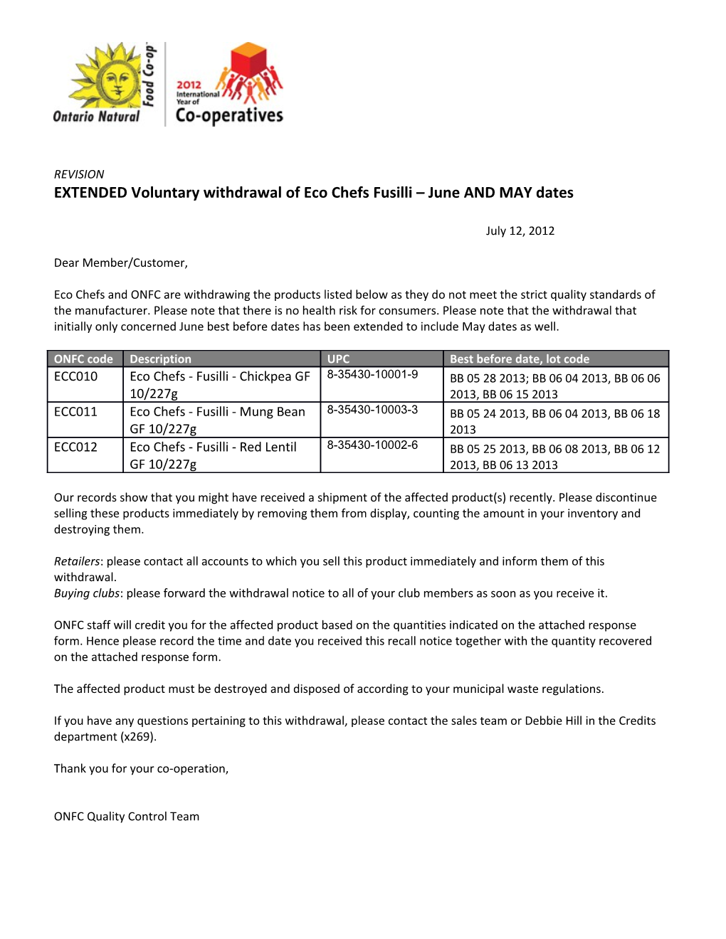 EXTENDED Voluntary Withdrawal of Eco Chefs Fusilli June and MAY Dates