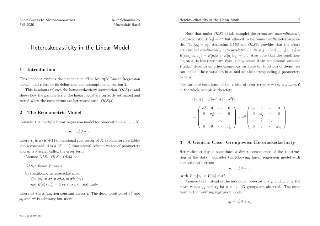 Heteroskedasticity in the Linear Model 2 Fall 2020 Unversit¨Atbasel