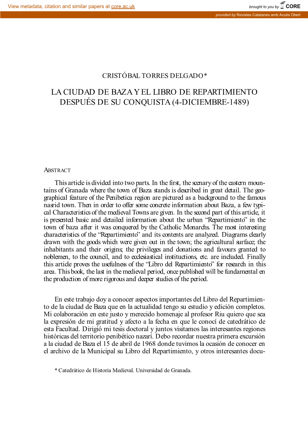 La Ciudad De Baza Y El Libro De Repartimiento Después De Su Conquista (4-Diciembre-1489)