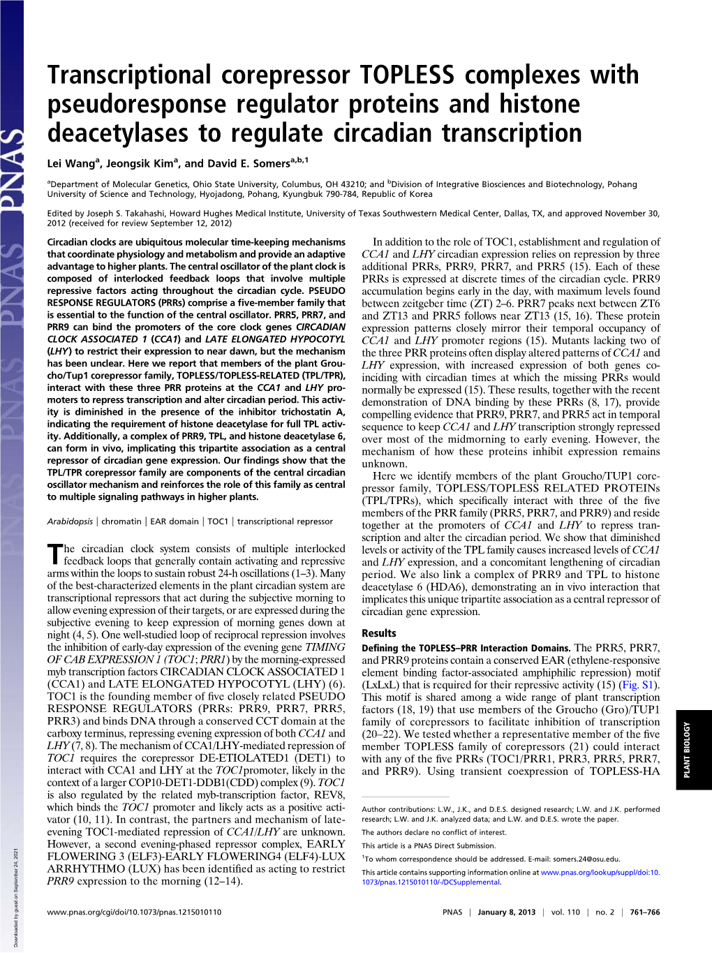 Transcriptional Corepressor TOPLESS Complexes with Pseudoresponse Regulator Proteins and Histone Deacetylases to Regulate Circadian Transcription
