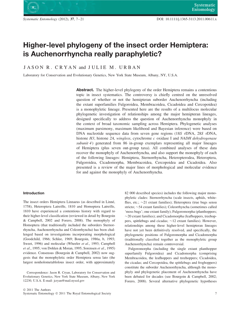 Higherlevel Phylogeny of the Insect Order Hemiptera: Is