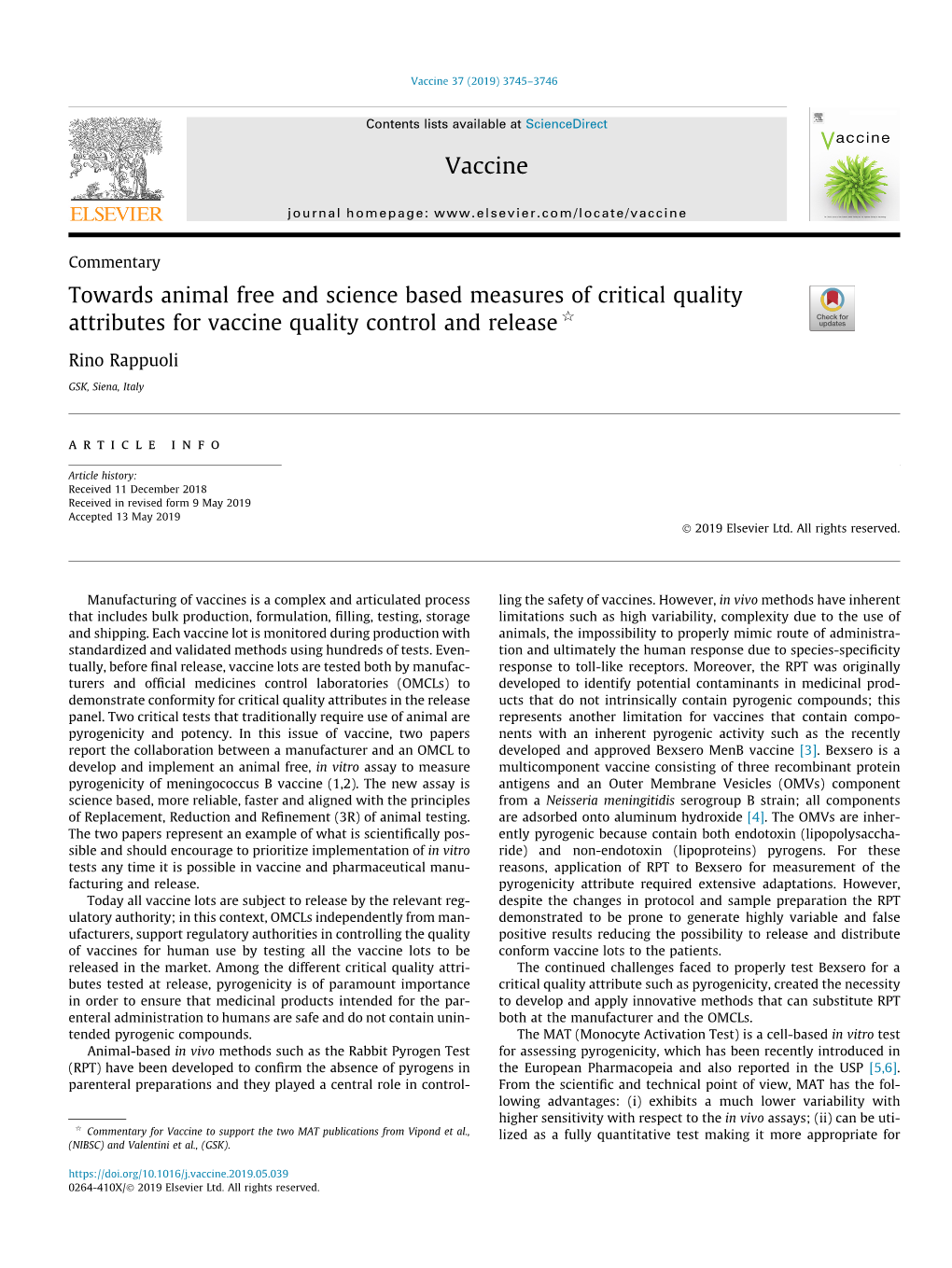 Towards Animal Free and Science Based Measures of Critical Quality Attributes for Vaccine Quality Control and Release Q