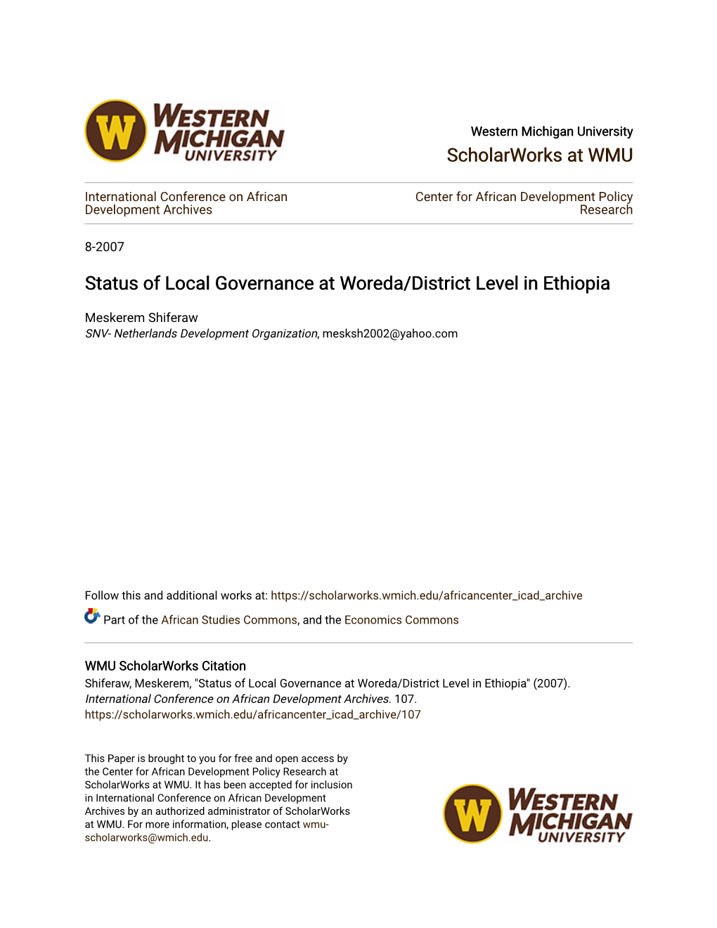 Status of Local Governance at Woreda/District Level in Ethiopia