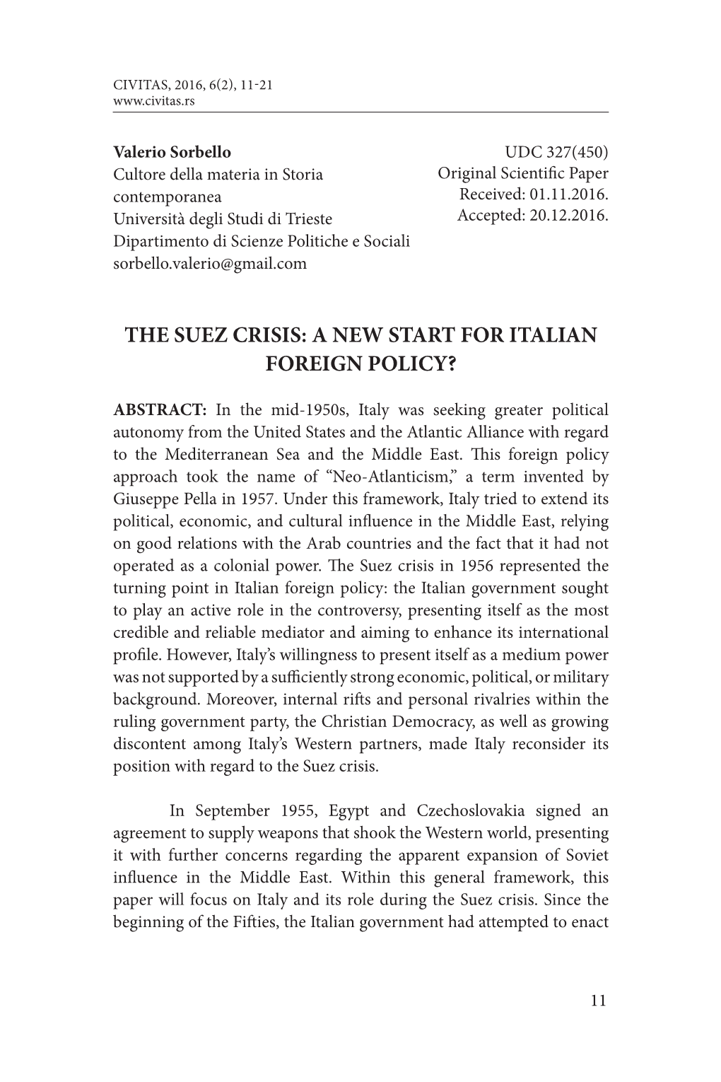 The Suez Crisis: a New Start for Italian Foreign Policy?