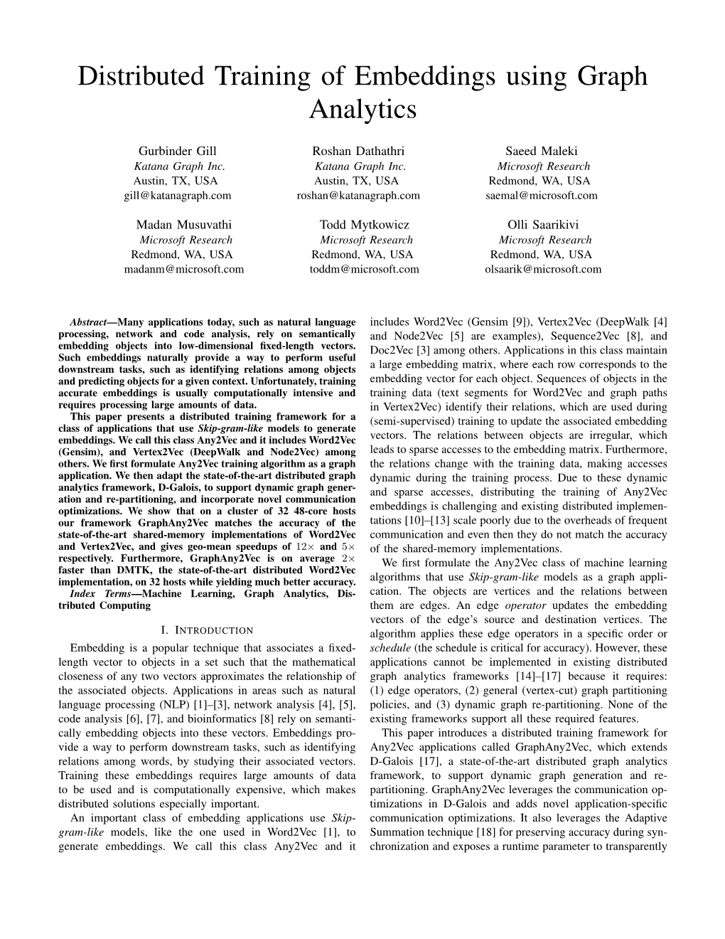 Distributed Training of Embeddings Using Graph Analytics