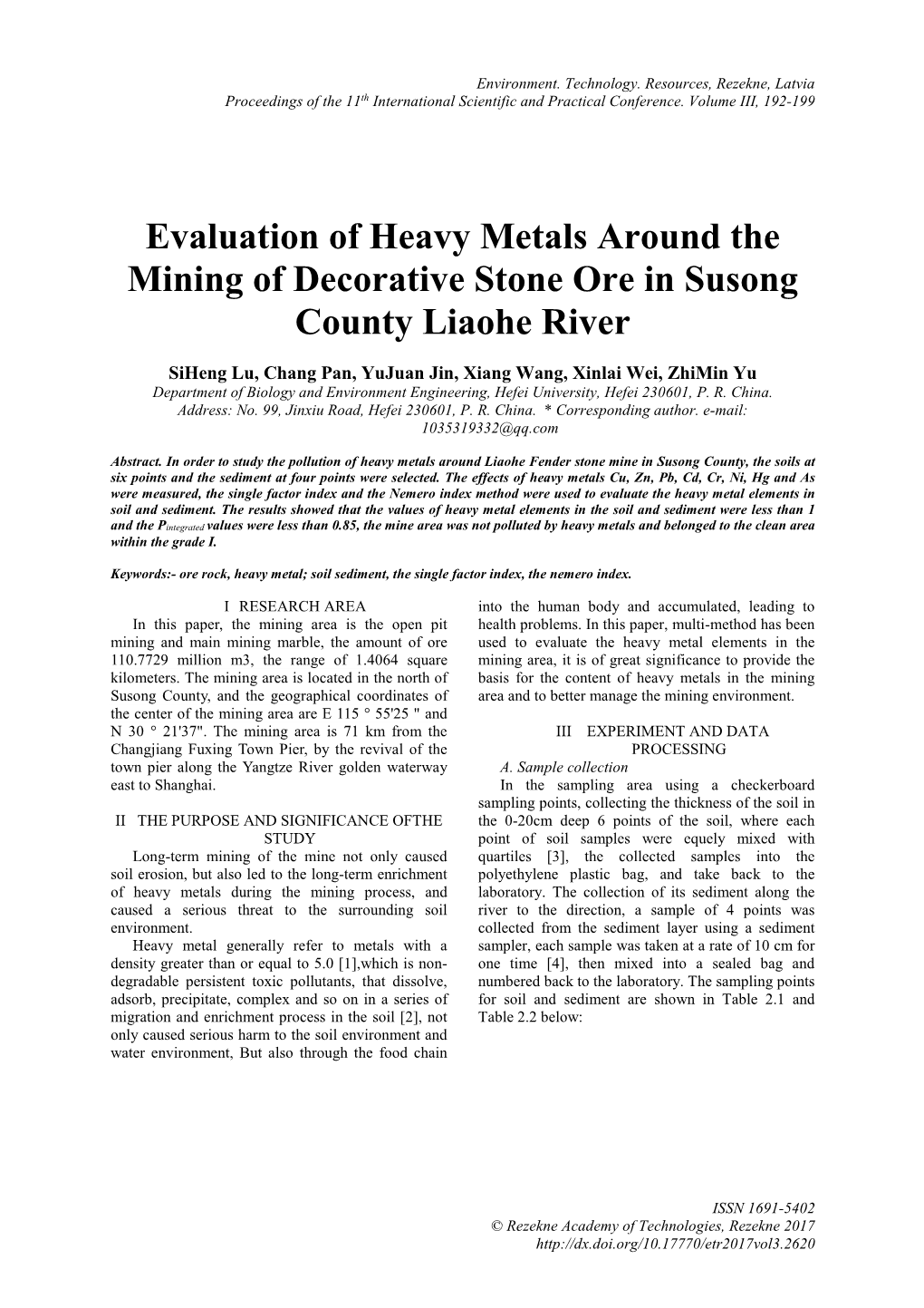 Evaluation of Heavy Metals Around the Mining of Decorative Stone Ore in Susong County Liaohe River