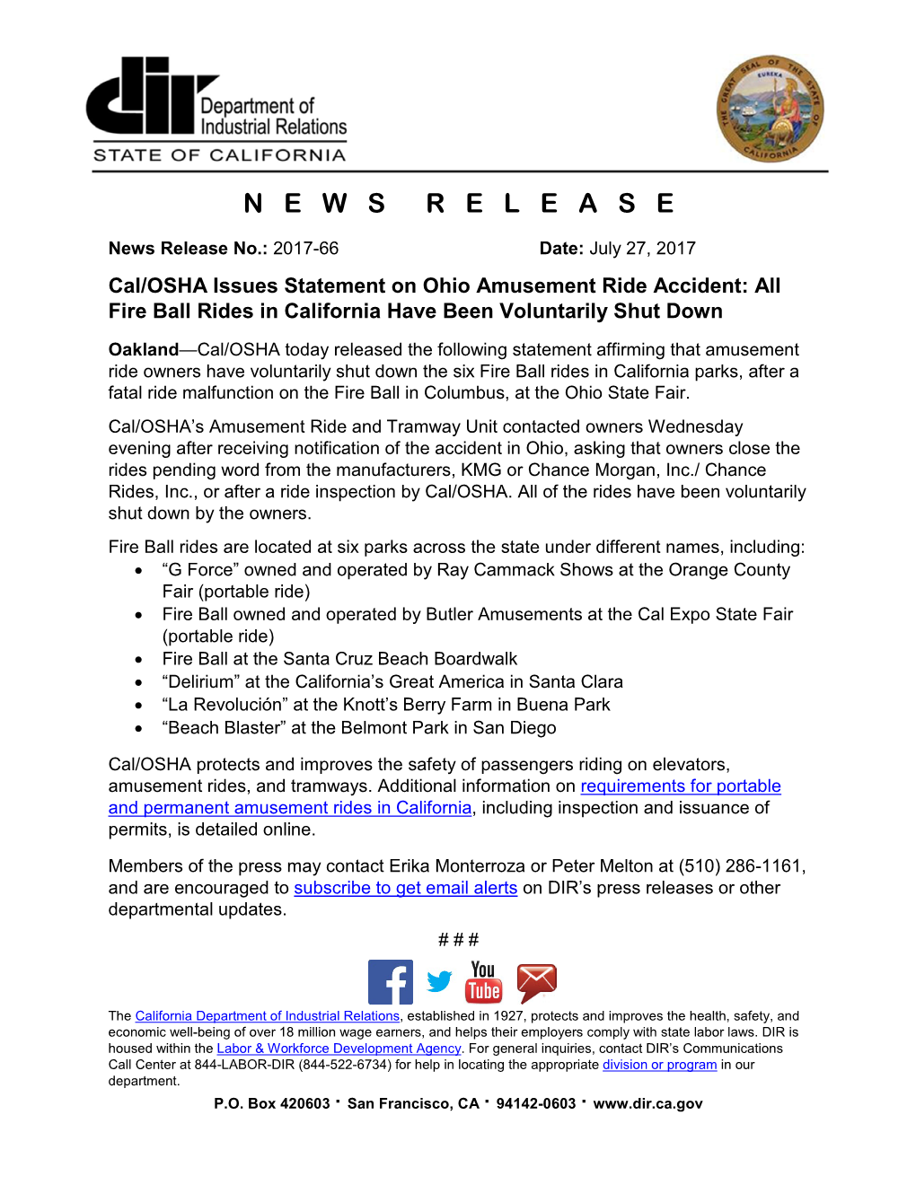 Cal/OSHA Issues Statement on Ohio Amusement Ride Accident: All Fire Ball Rides in California Have Been Voluntarily Shut Down