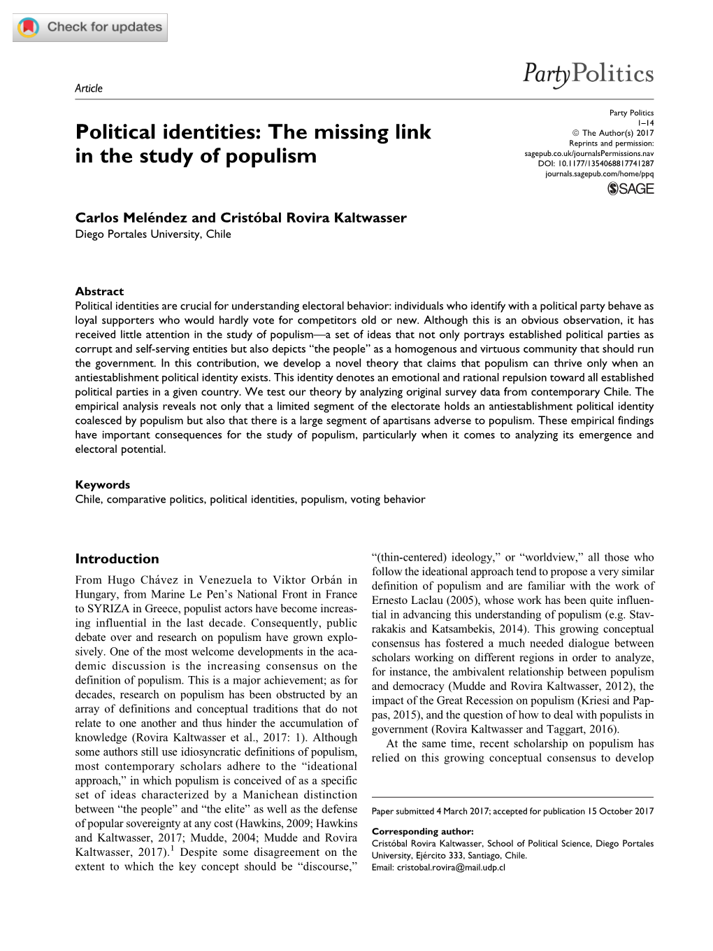 Political Identities: the Missing Link in the Study of Populism