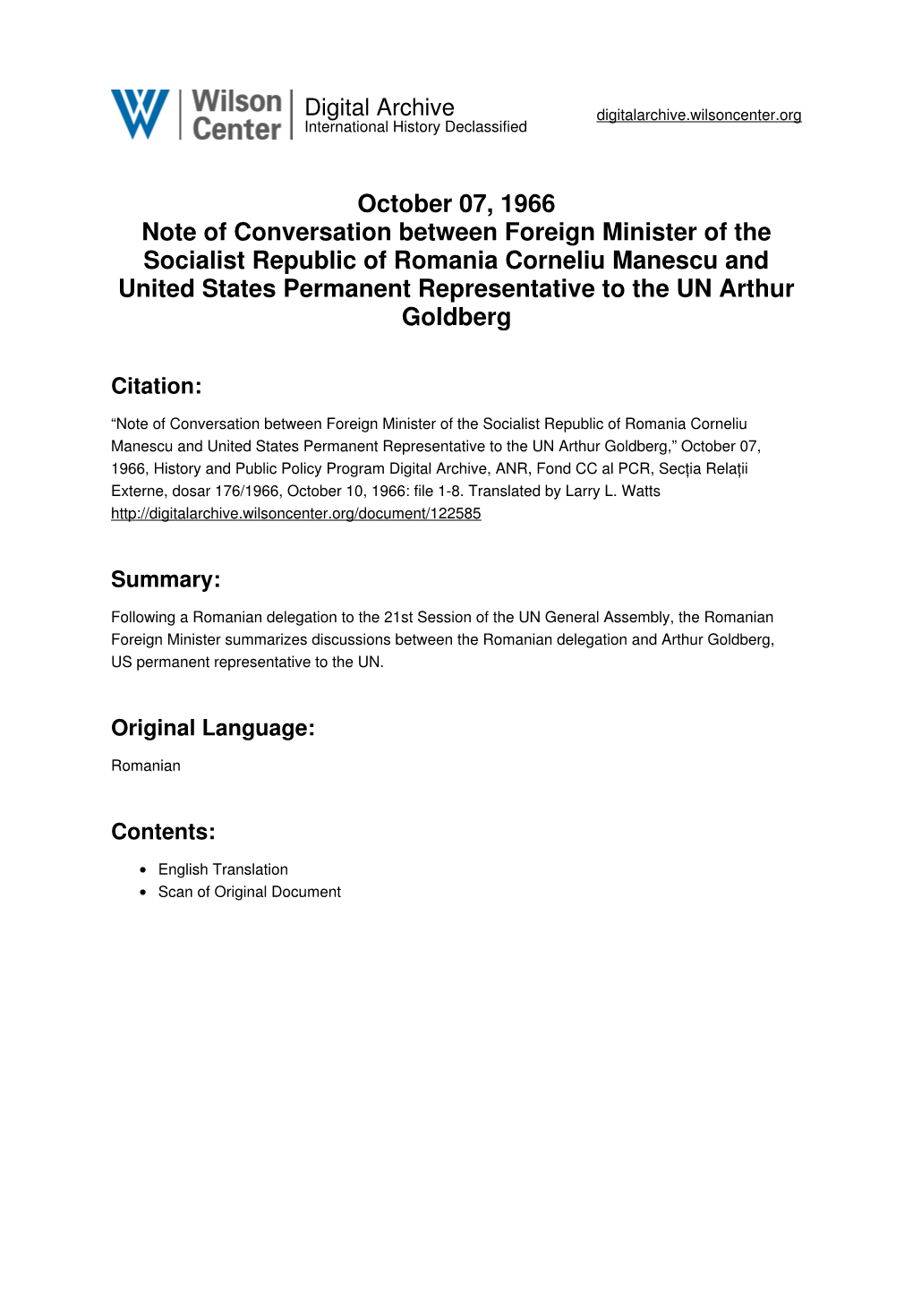 October 07, 1966 Note of Conversation Between Foreign Minister of the Socialist Republic of Romania Corneliu Manescu and United