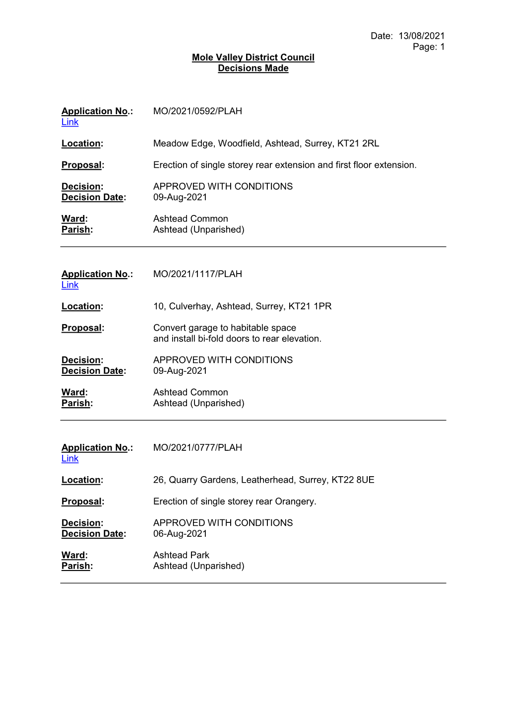 Date: 13/08/2021 Page: 1 Mole Valley District Council Decisions Made Application No.: MO/2021/0592/PLAH Link Location: Meadow