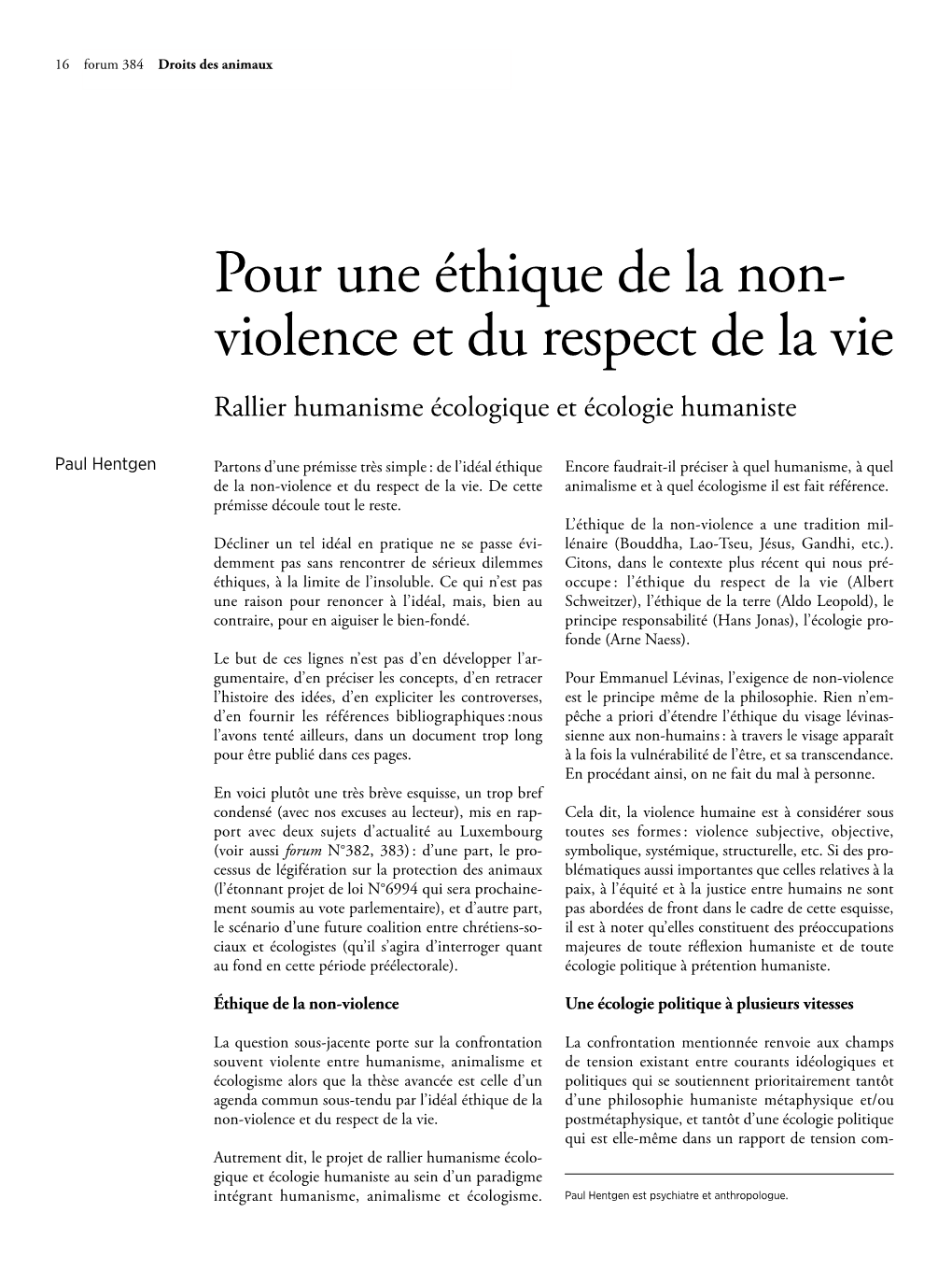 Pour Une Éthique De La Non- Violence Et Du Respect De La Vie Rallier Humanisme Écologique Et Écologie Humaniste