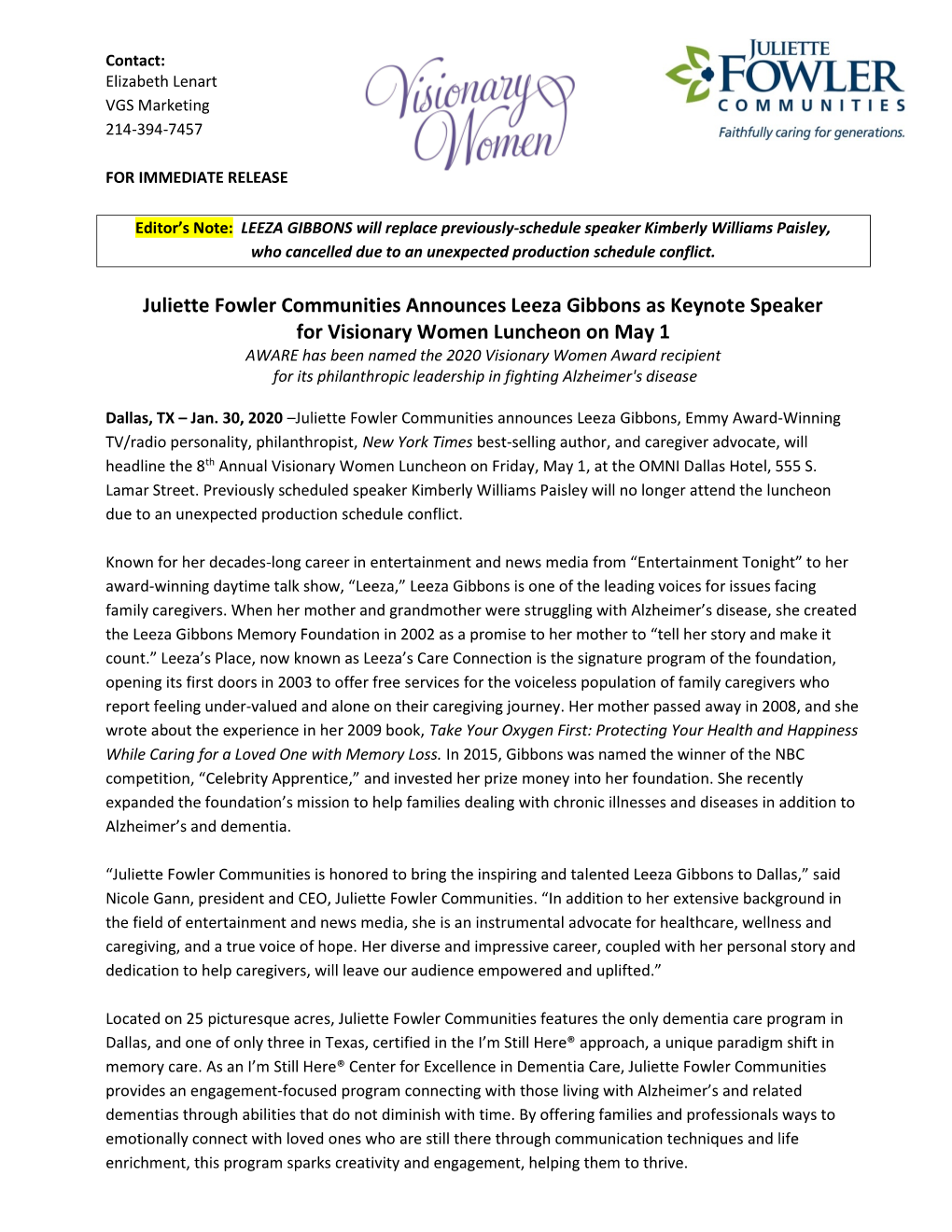 Juliette Fowler Communities Announces Leeza Gibbons As