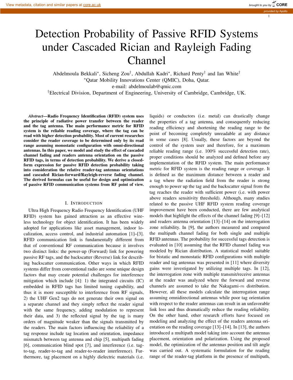 Detection Probability of Passive RFID Systems Under Cascaded Rician