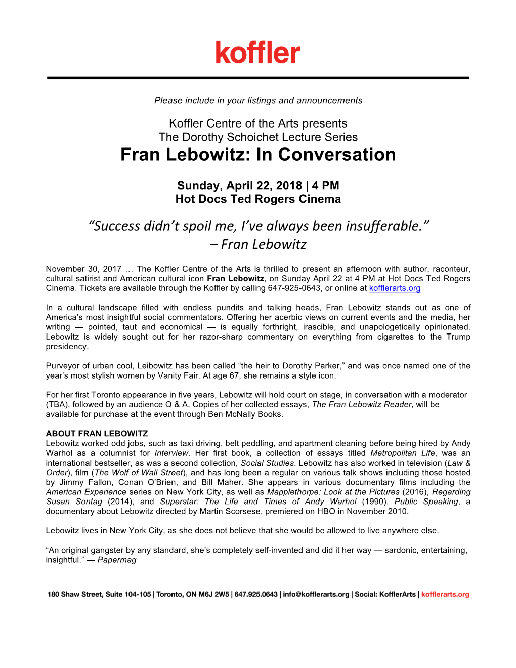 Koffler Centre of the Arts Presents Fran Lebowitz: in Conversation