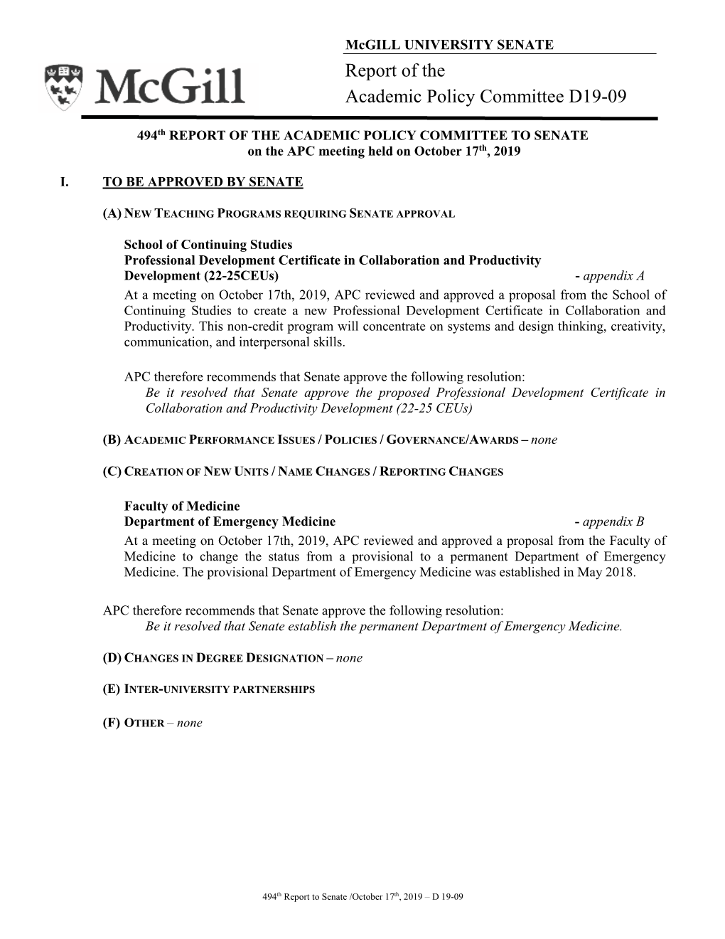 Report of the Academic Policy Committee D19-09