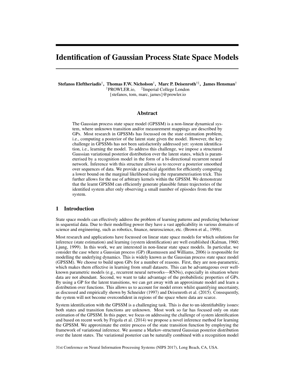 Identification of Gaussian Process State Space Models