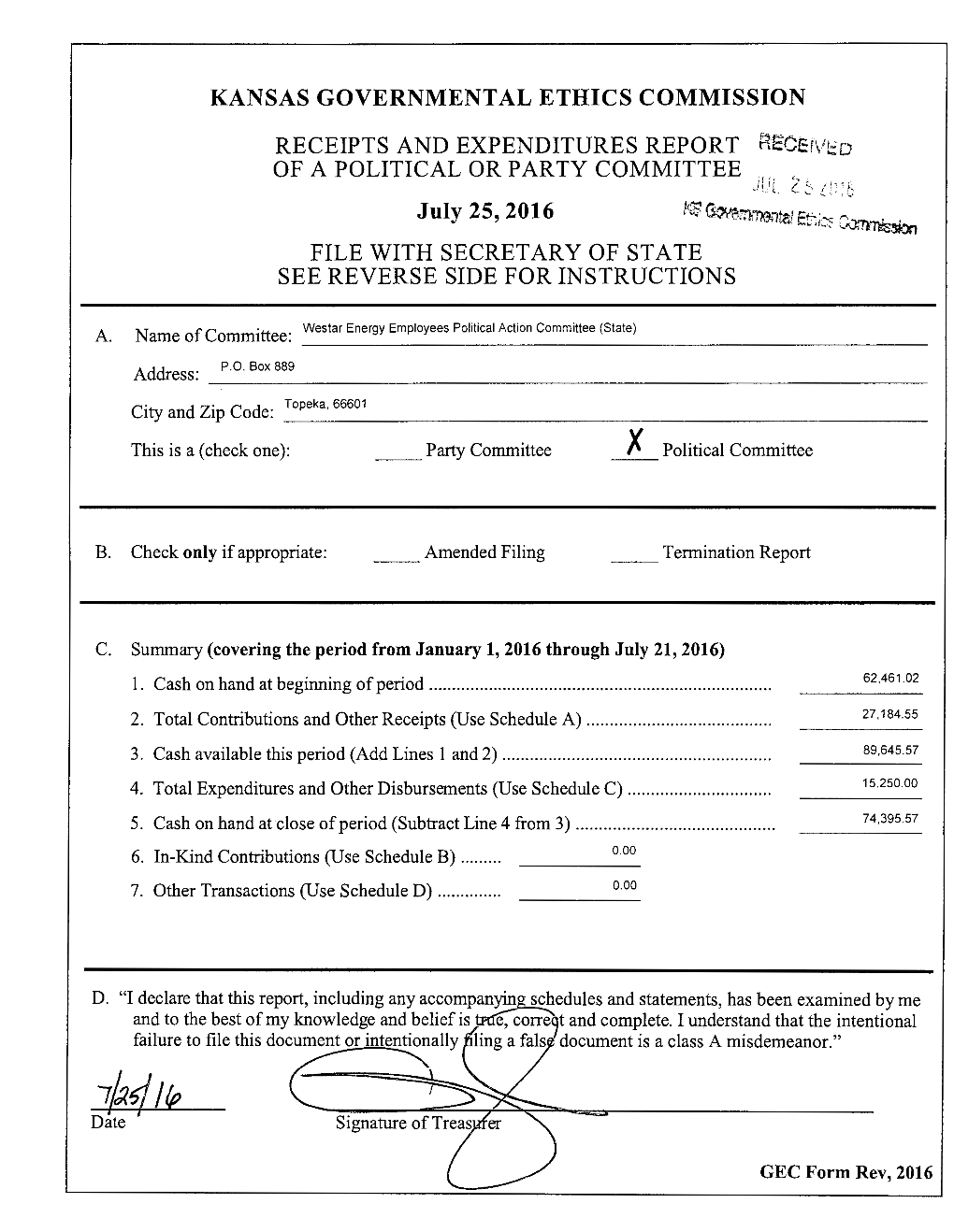 Kansas Governmental Ethics Commission Receipts And