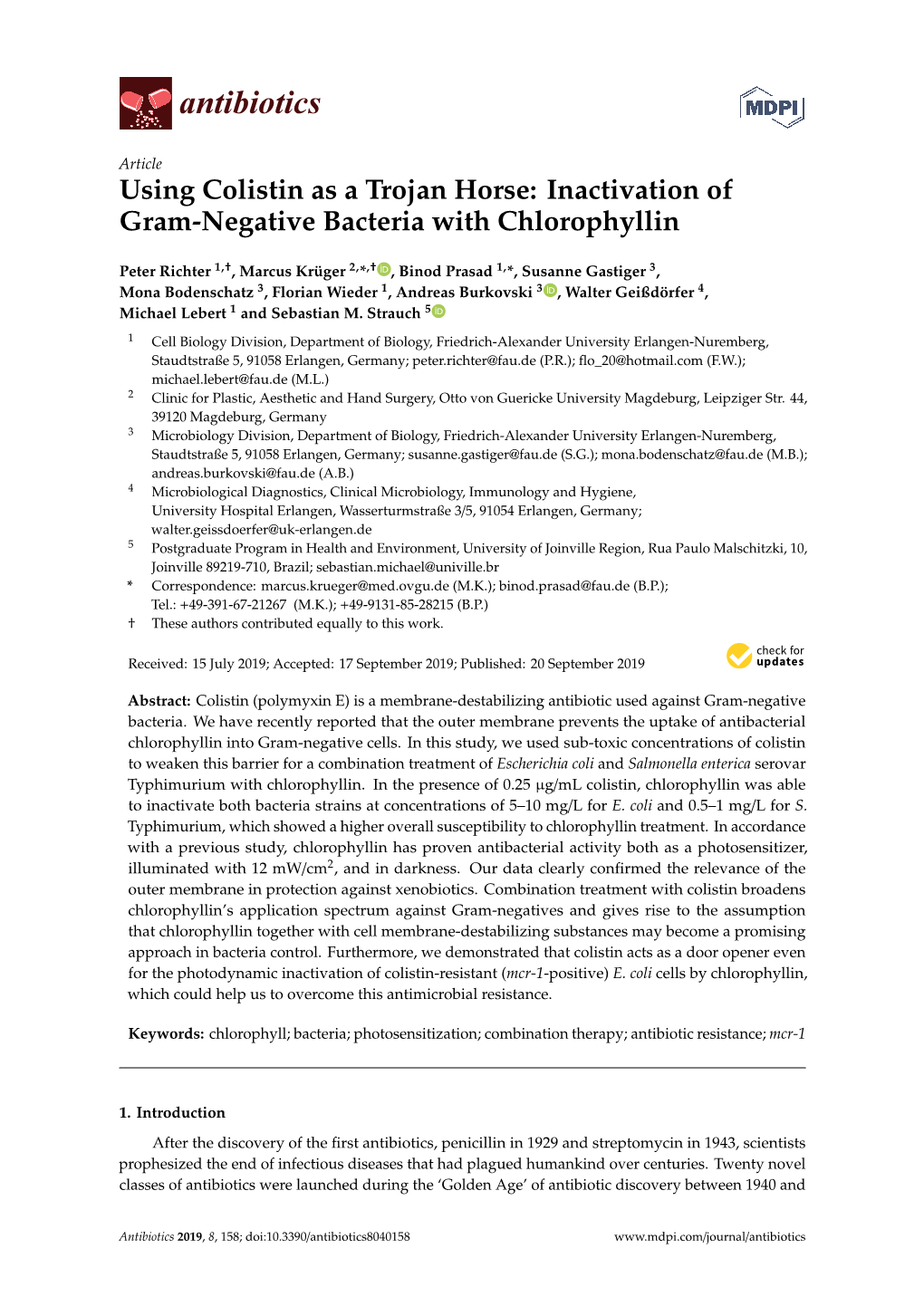 Using Colistin As a Trojan Horse: Inactivation of Gram-Negative Bacteria with Chlorophyllin