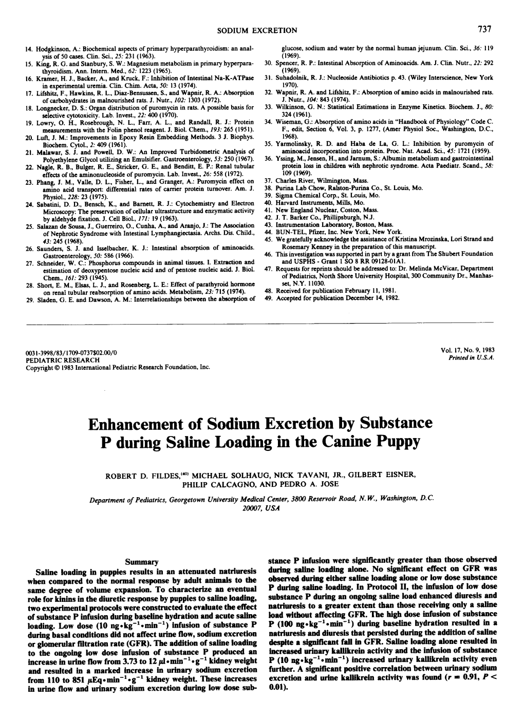 Enhancement of Sodium Excretion by Substance P During Saline Loading in the Canine Puppy