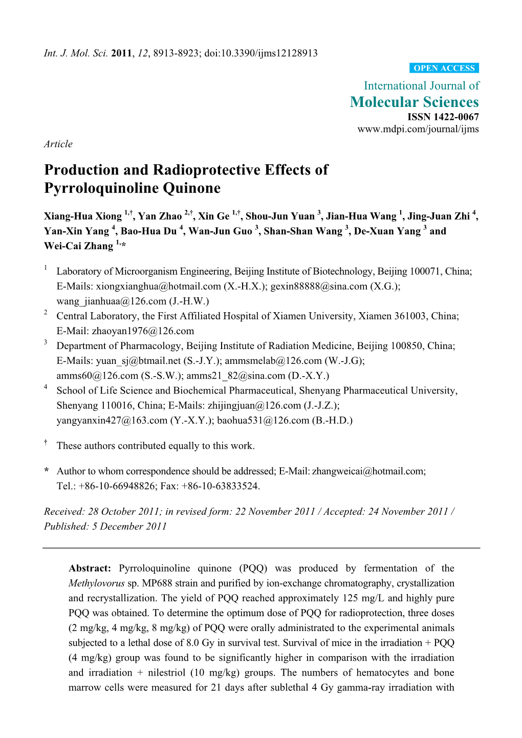 Production and Radioprotective Effects of Pyrroloquinoline Quinone