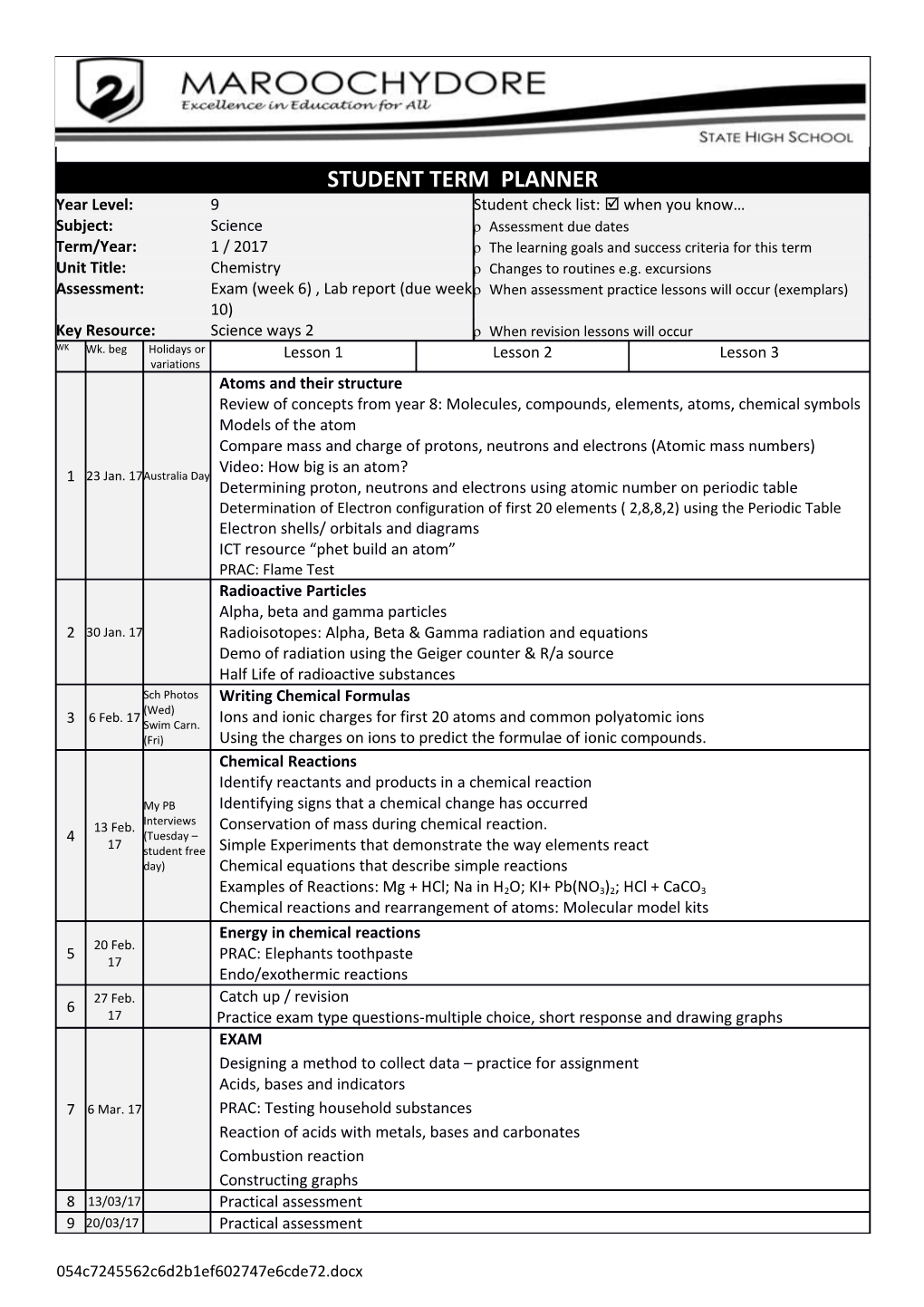 Student Planner 2017 (One Page)B: Curriculum Science SCIENCE - JUNIOR ACARA Based Units