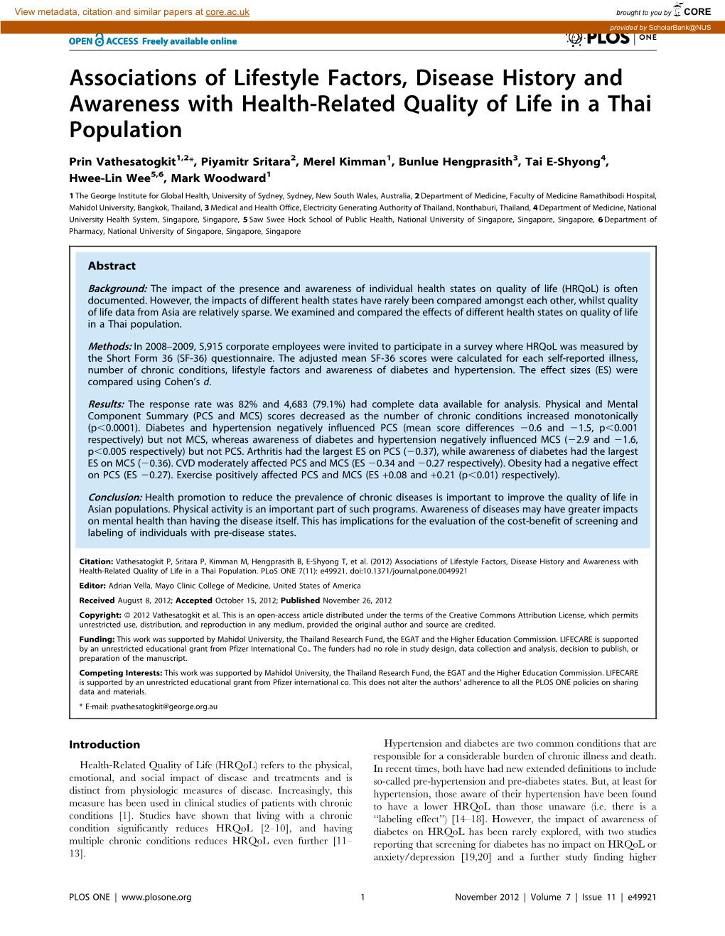 Associations of Lifestyle Factors, Disease History and Awareness with Health-Related Quality of Life in a Thai Population