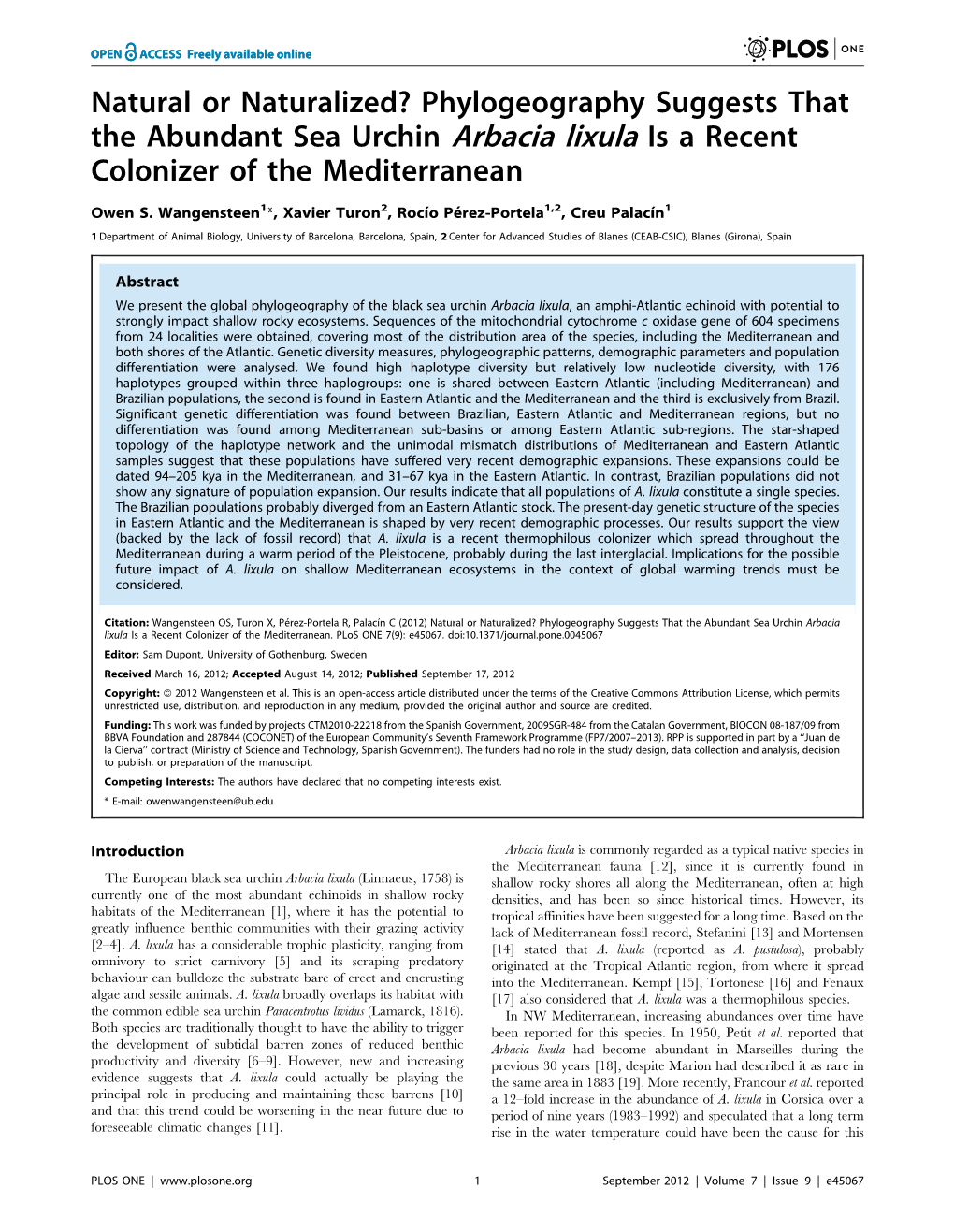 Phylogeography Suggests That the Abundant Sea Urchin Arbacia Lixula Is a Recent Colonizer of the Mediterranean