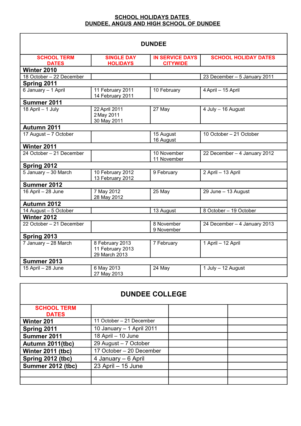 School Holidays Dates