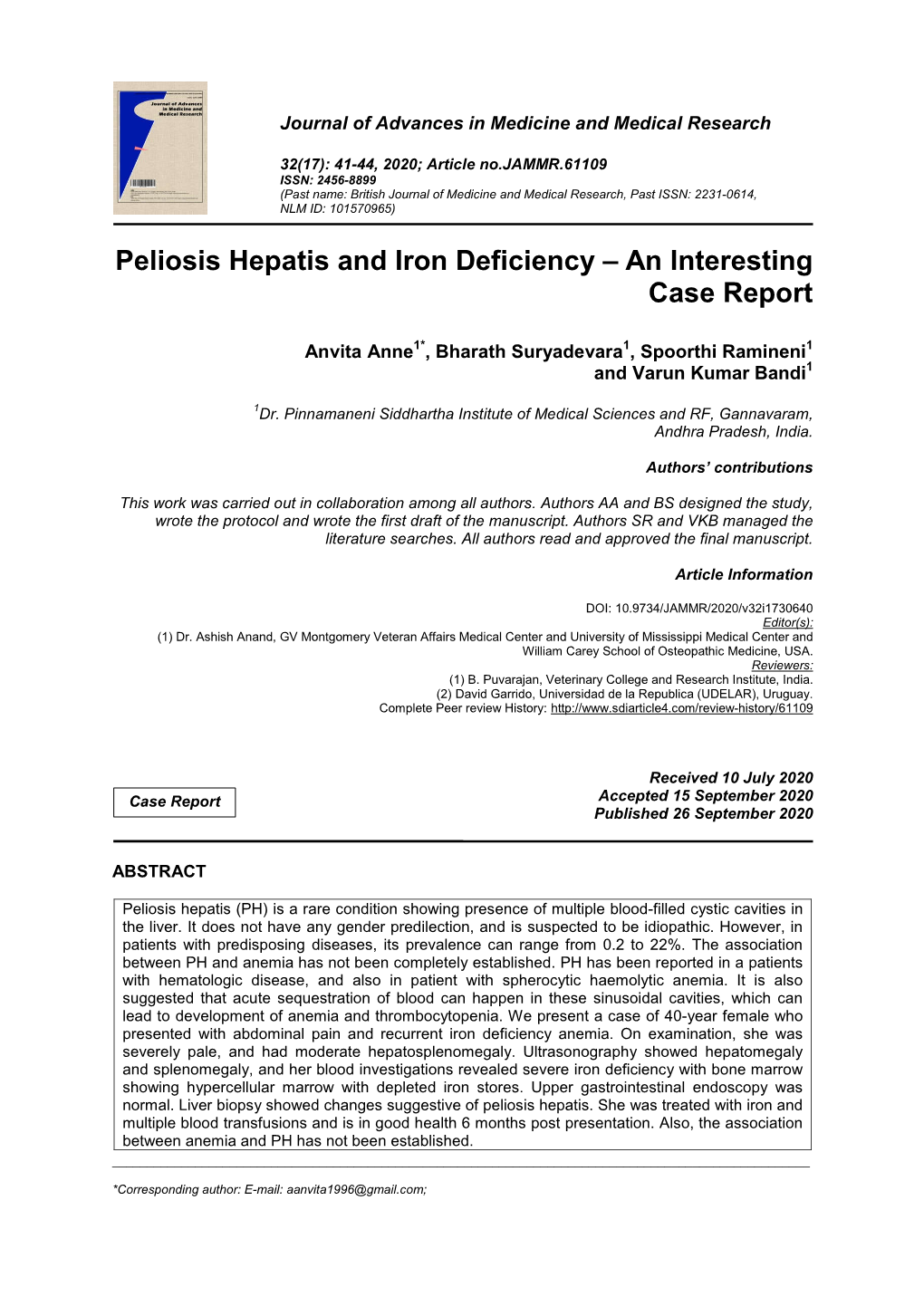 Peliosis Hepatis and Iron Deficiency – an Interesting Case Report