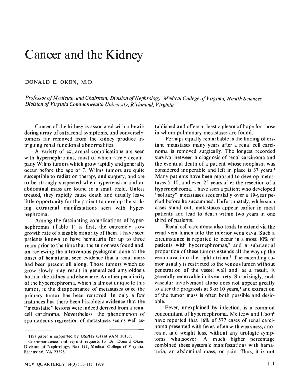 Cancer and the Kidney