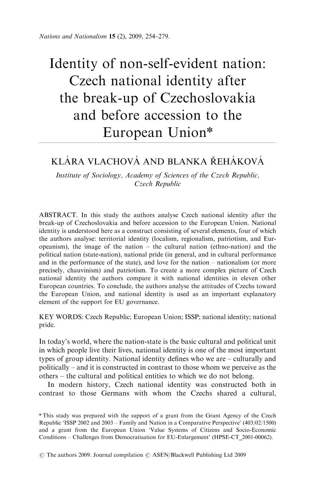 Czech National Identity After the Break-Up of Czechoslovakia and Before Accession to the European Unionn