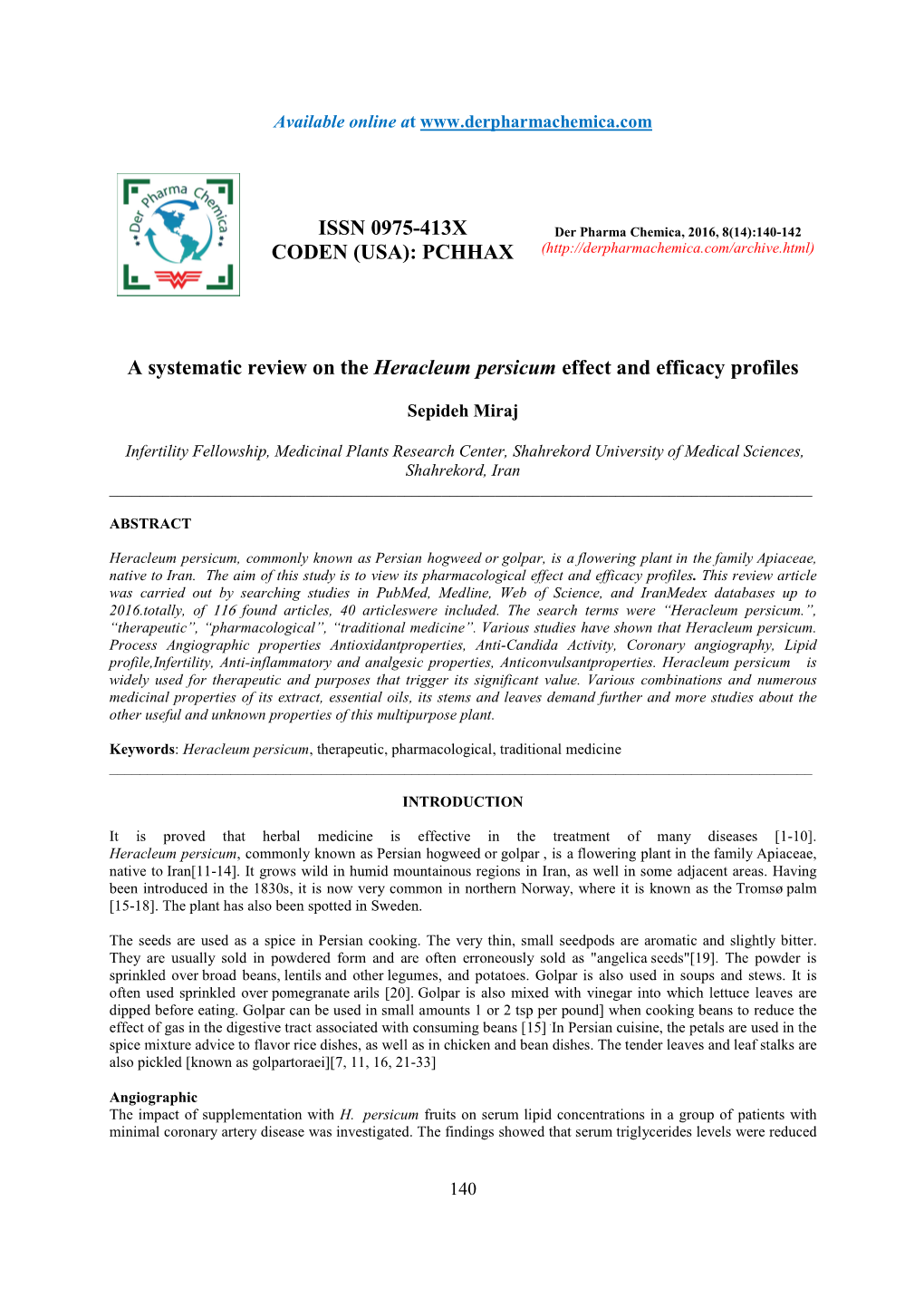 Heracleum Persicum Effect and Efficacy Profiles