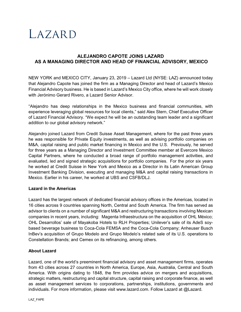 Alejandro Capote Joins Lazard As a Managing Director and Head of Financial Advisory, Mexico