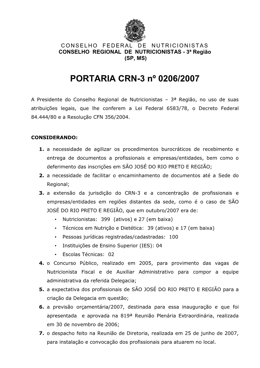 PORTARIA CRN-3 Nº 0206/2007