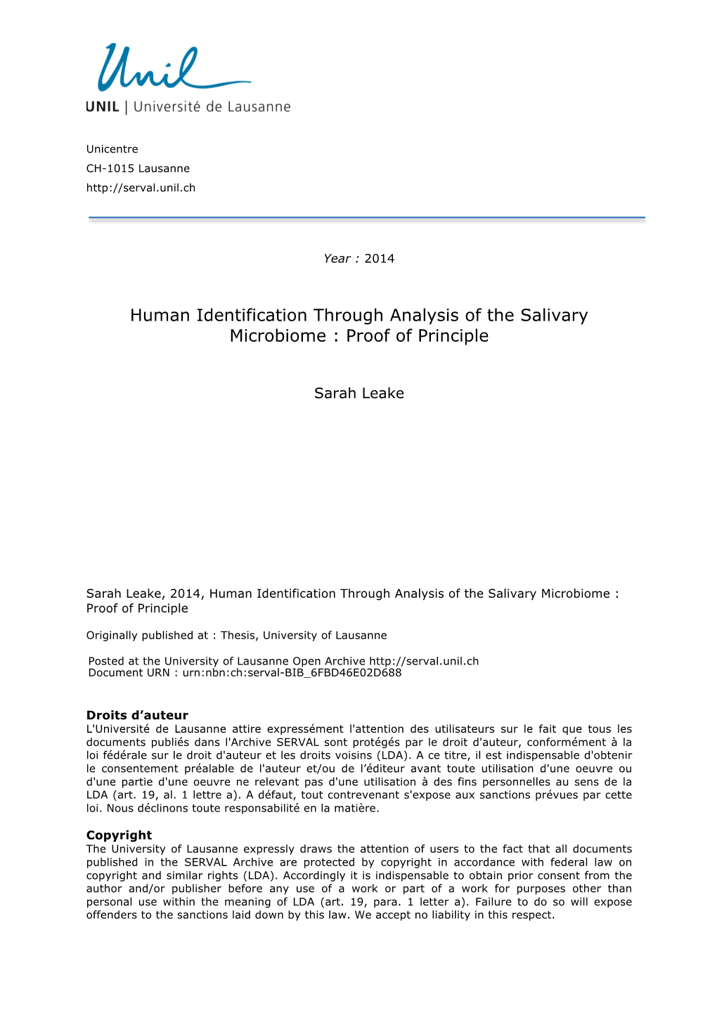 Human Identification Through Analysis of the Salivary Microbiome : Proof of Principle