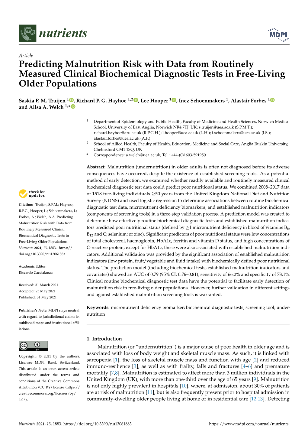 Predicting Malnutrition Risk with Data from Routinely Measured Clinical Biochemical Diagnostic Tests in Free-Living Older Populations