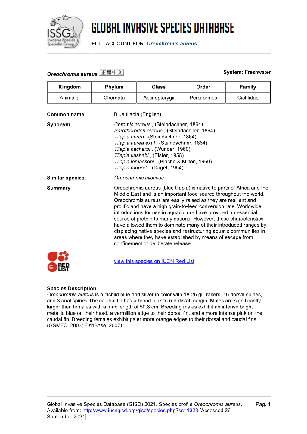 (GISD) 2021. Species Profile Oreochromis Aureus. Available