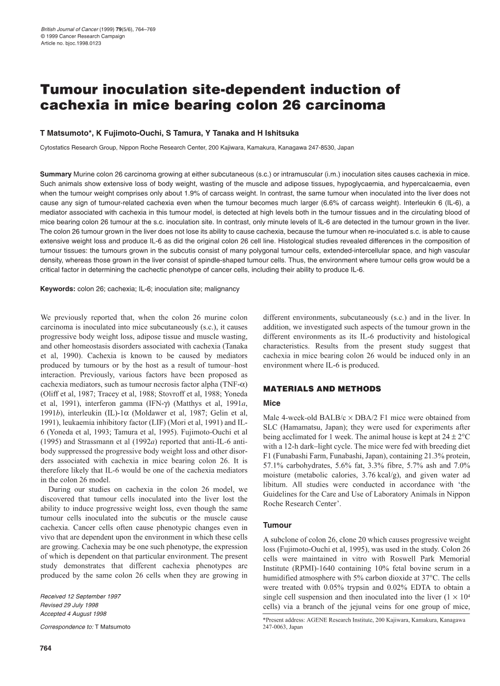 Tumour Inoculation Site-Dependent Induction of Cachexia in Mice