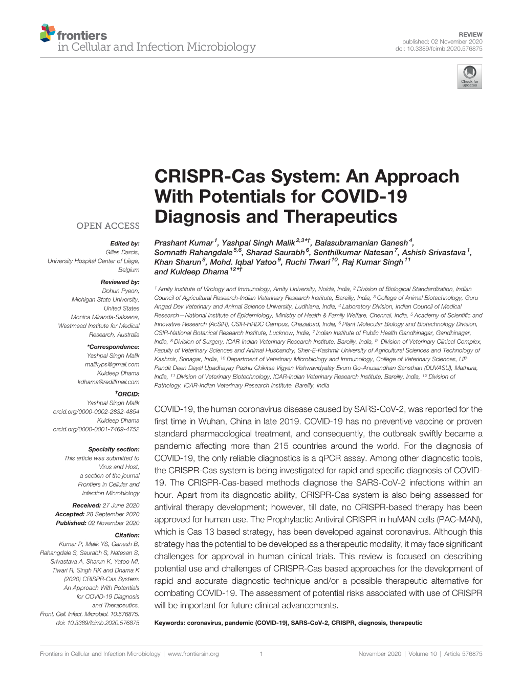 CRISPR-Cas System: an Approach with Potentials for COVID-19 Diagnosis and Therapeutics