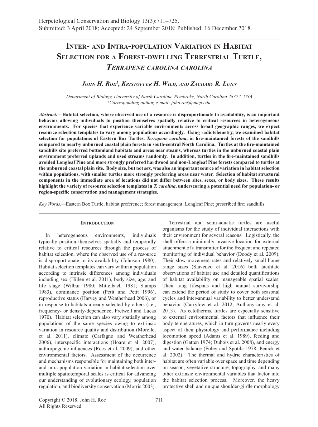 Inter- and Intra-Population Variation in Habitat Selection for a Forest-Dwelling Terrestrial Turtle, Terrapene Carolina Carolina