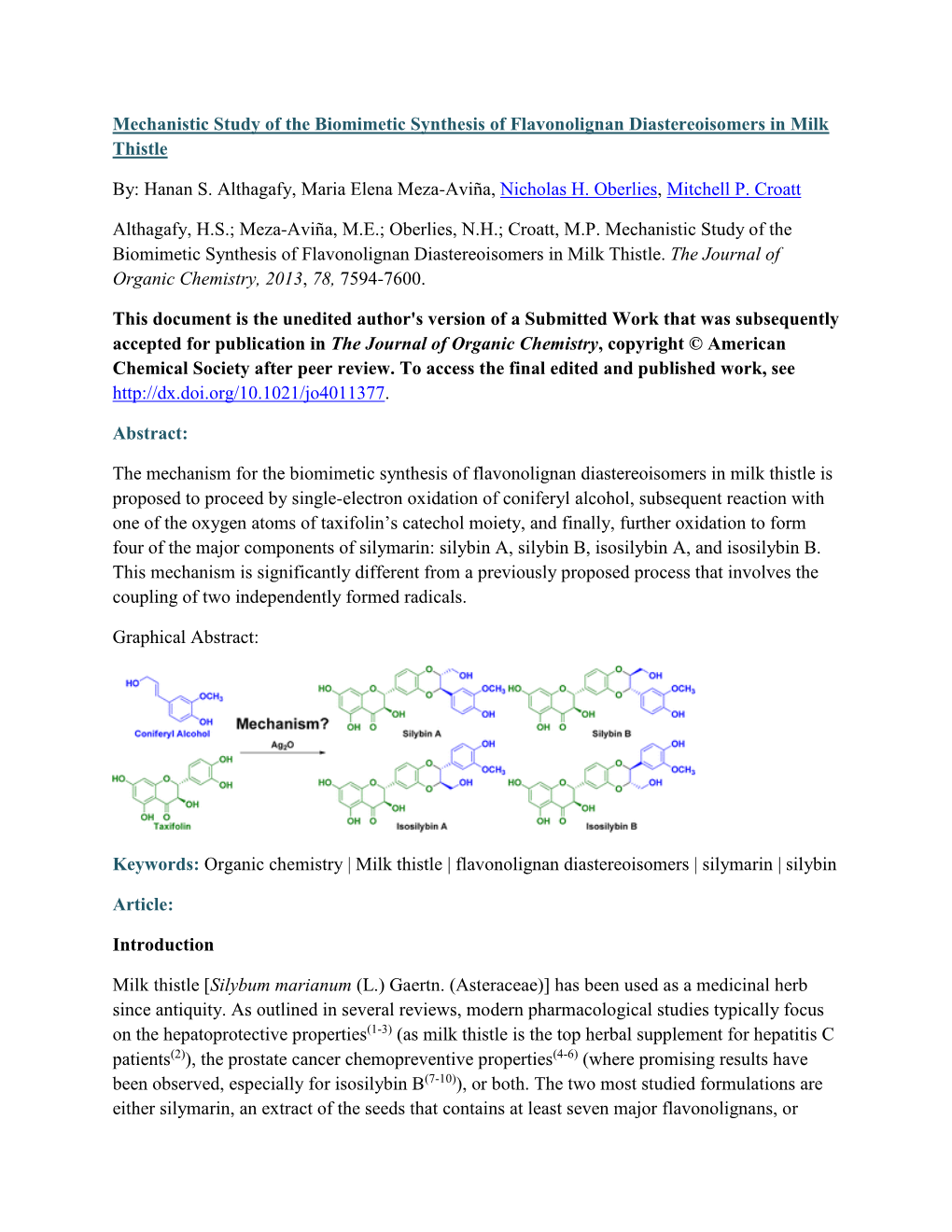 Mechanistic Study of the Biomimetic Synthesis of Flavonolignan Diastereoisomers in Milk Thistle