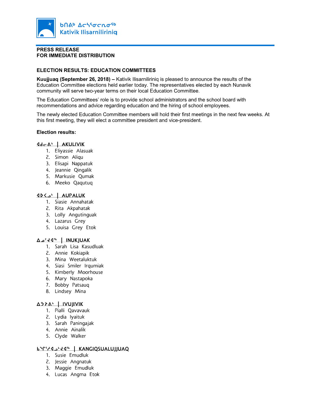 EDUCATION COMMITTEES Kuujjuaq (September 26, 2018)