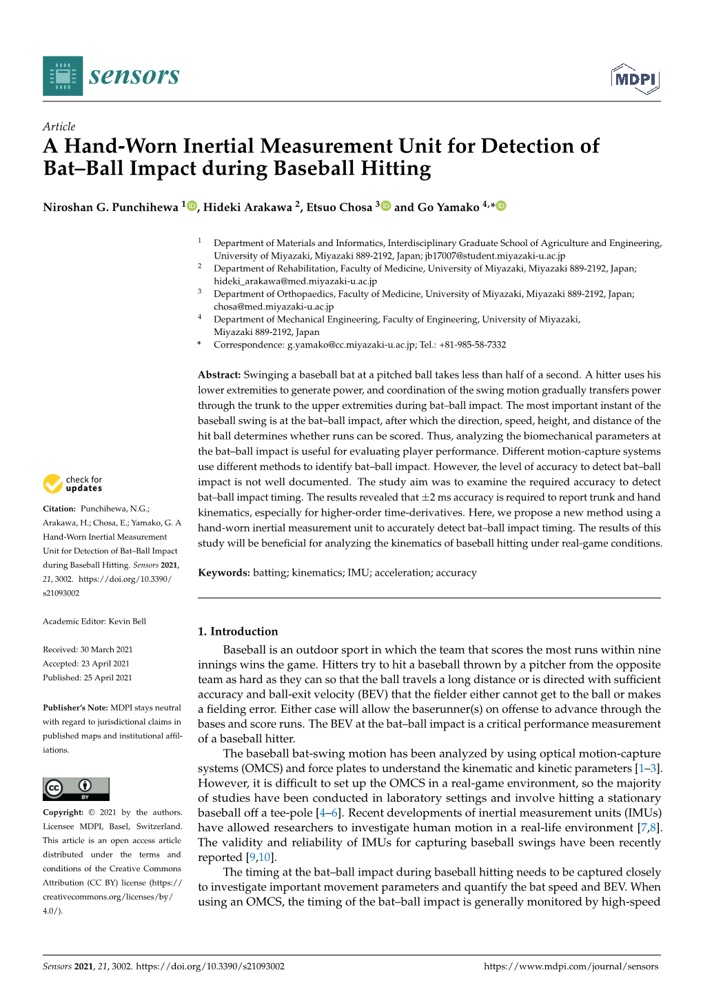 A Hand-Worn Inertial Measurement Unit for Detection of Bat–Ball Impact During Baseball Hitting