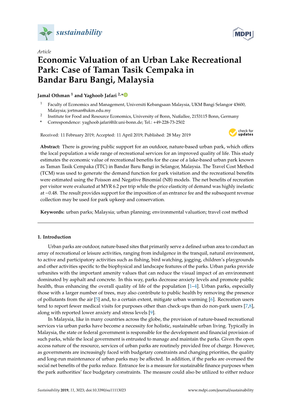 Economic Valuation of an Urban Lake Recreational Park: Case of Taman Tasik Cempaka in Bandar Baru Bangi, Malaysia