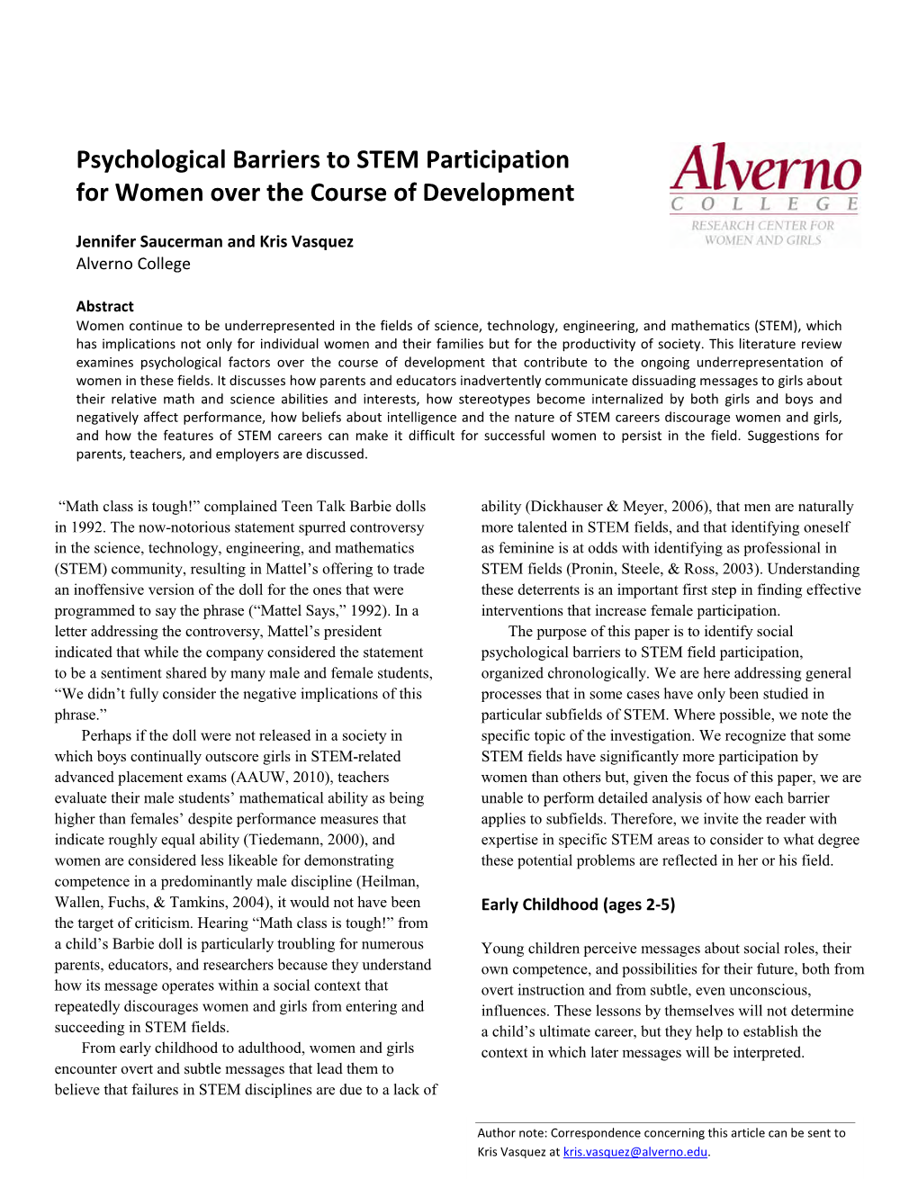 Psychological Barriers to STEM Participation for Women Over the Course of Development