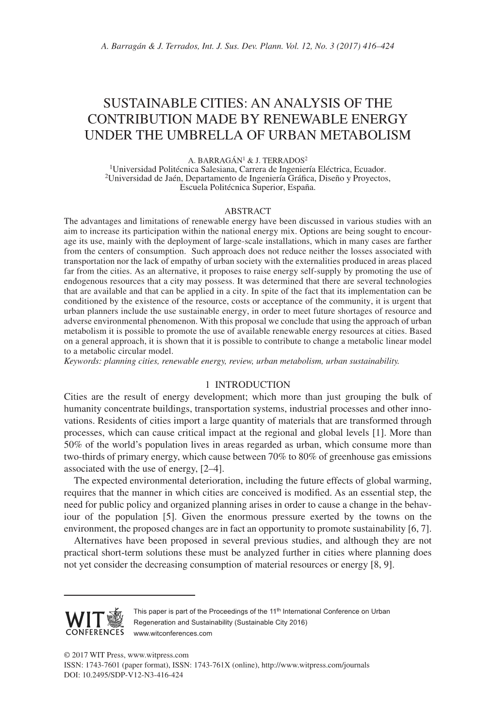 Sustainable Cities: an Analysis of the Contribution Made by Renewable Energy Under the Umbrella of Urban Metabolism